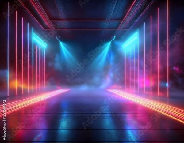 Fototapeta Futuristic Neon Light Stage Platform with Smoke and Glowing Lines - 3D Rendering