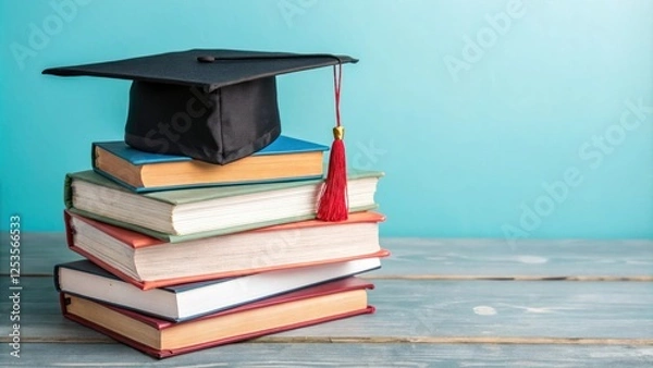 Obraz A vibrant stack of books is topped with a graduation cap on a solid background, education, graduation day, book collection, study aids, academic achievement