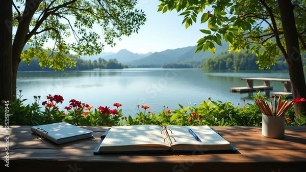 Obraz Tranquil Outdoor Workspace with Scenic Lake and Mountain View