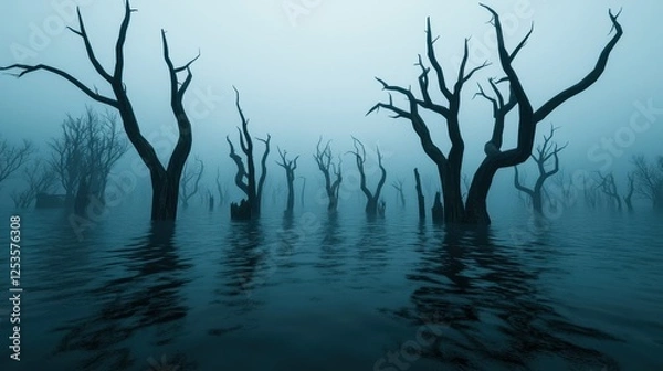 Fototapeta Mysterious Foggy Landscape with Dead Trees in Still Water