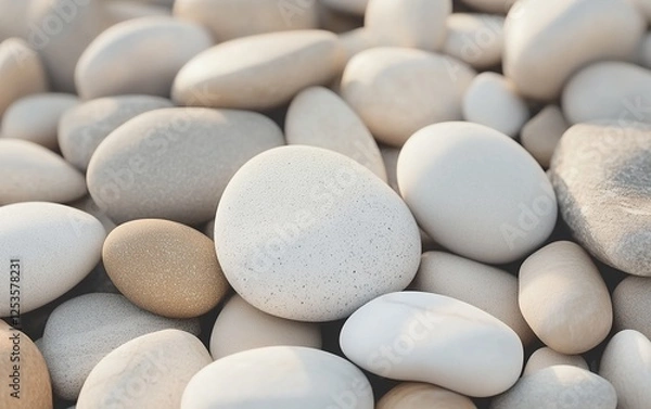 Fototapeta White, beige, and soft grey pebbles with smooth finish and elegant texture for calm and natural stone backgrounds