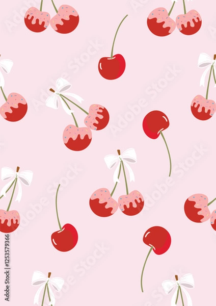 Obraz Melt white chocolate on red cherry with rain bow sprinkles on top.Vector seamless pattern.