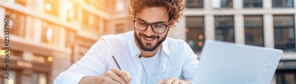 Fototapeta Unlock your potential with flexible online learning Witness a dedicated man writing notes during an online certification course, absorbing knowledge and skills for professional growth Explore the