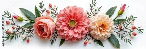 Fototapeta Vibrant floral arrangement with pink and peach blooms on white background