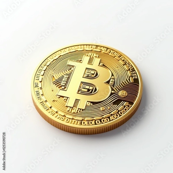 Fototapeta Close-Up of a Detailed Bitcoin Coin in Shimmering Gold Finish on a White Background, Ideal for Representing Cryptocurrency Themes, Digital Investment, and Modern Finance Concepts 