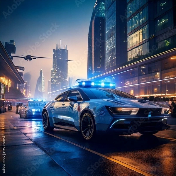 Fototapeta Generated image
En 20 años, la policía vendrá a la escena del crimen. Hay un coche de policía y un helicóptero en el cielo.