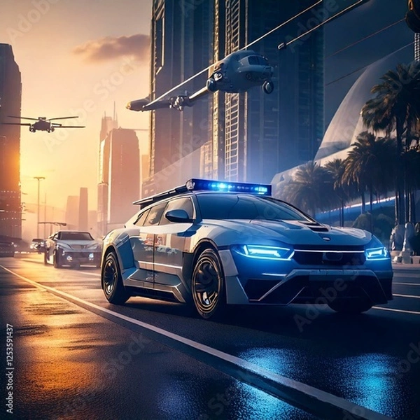 Fototapeta Generated image
En 20 años, la policía vendrá a la escena del crimen. Hay un coche de policía y un helicóptero en el cielo.