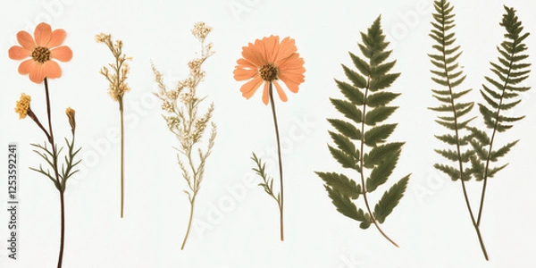 Fototapeta Pressed spring flowers and ferns on a white background