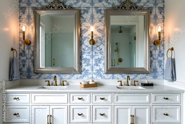 Fototapeta A sophisticated bathroom with a dual vanity setup, modern silver frames, and a vintage-style gold faucet, complemented by elegant floral tile patterns and brass sconces.