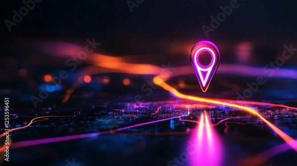 Fototapeta Neon map pointer with vivid glowing lines.