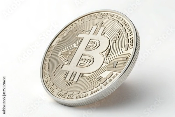 Fototapeta Close-Up of Detailed Bitcoin Coins in Shimmering  Platinum Finishes on a White Background, Ideal for Representing Cryptocurrency Themes, Digital Investment, and Modern Finance Concepts 