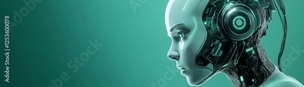 Fototapeta Robot head with headphones, immersed in music and technology 