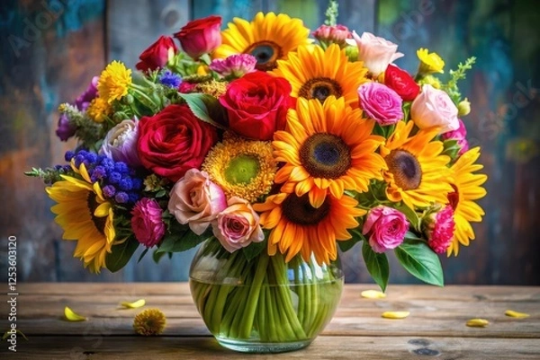 Obraz Vibrant mixed bouquet of colorful flowers including roses carnations sunflowers and daisies in a large decorative vase with birthday candles on the table, celebration, candles, colored
