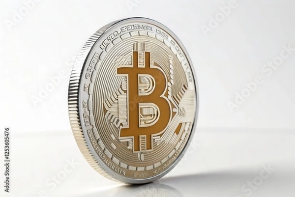 Fototapeta Close-Up of Detailed Bitcoin Coins in Shimmering Gold and Platinum Finishes on a White Background, Ideal for Representing Cryptocurrency Themes, Digital Investment, and Modern Finance Concepts