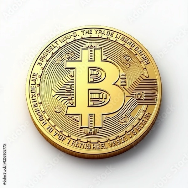 Fototapeta Close-Up of a Detailed Bitcoin Coin in Shimmering Gold Finish on a White Background, Ideal for Representing Cryptocurrency Themes, Digital Investment, and Modern Finance Concepts 