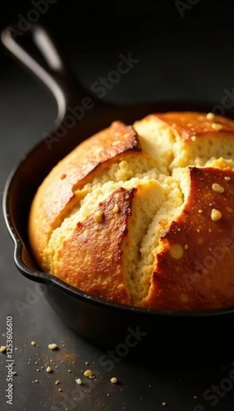 Obraz Artisan bread in cast iron with crackled crust and golden color, bread, baking