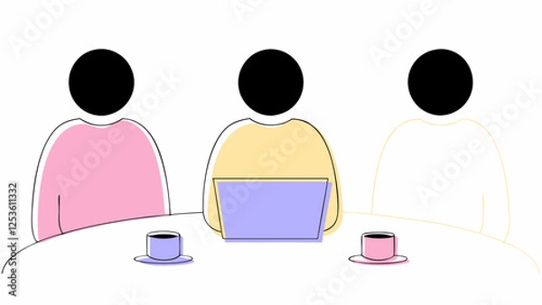 Fototapeta Three faceless individuals, depicted in pastel colors, sit around a table. One has a laptop in front of them, while the others have cups of coffee.AI