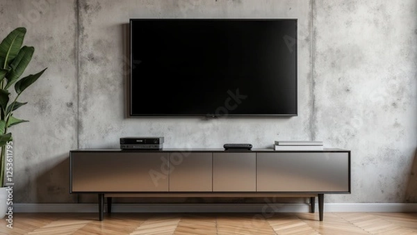 Fototapeta TV Mockup with Remote, Chic loft TV on console concrete wall remote on edge photorealistic.