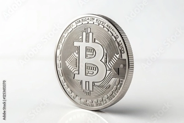 Fototapeta Close-Up of Detailed Bitcoin Coins in Shimmering  Platinum Finishes on a White Background, Ideal for Representing Cryptocurrency Themes, Digital Investment, and Modern Finance Concepts 