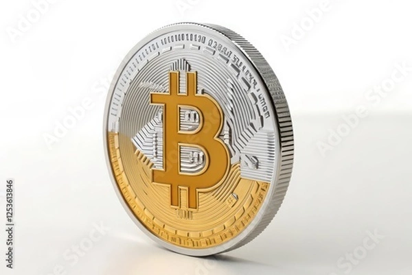 Fototapeta Close-Up of Detailed Bitcoin Coins in Shimmering Gold and Platinum Finishes on a White Background, Ideal for Representing Cryptocurrency Themes, Digital Investment, and Modern Finance Concepts