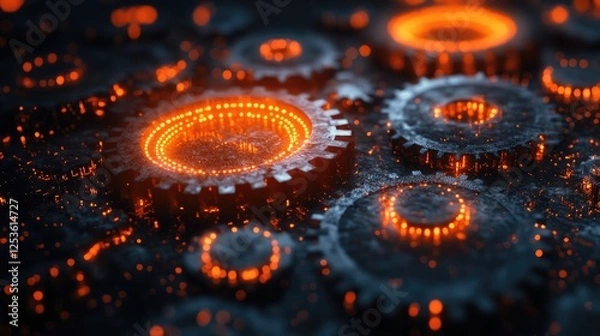 Fototapeta A close-up of glowing gears with an industrial design, highlighting technology and mechanics.
