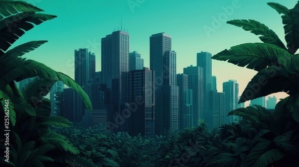 Fototapeta Urban Jungle Mixed with Nature and Tall Buildings in Futuristic Scene
