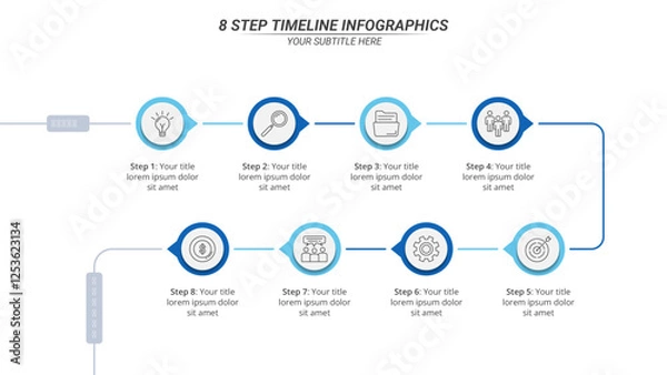 Fototapeta 8 Steps Infographic Timeline with Editable Text on a 16:9 Layout for Business Presentation, Poster, Banner and Booklet.