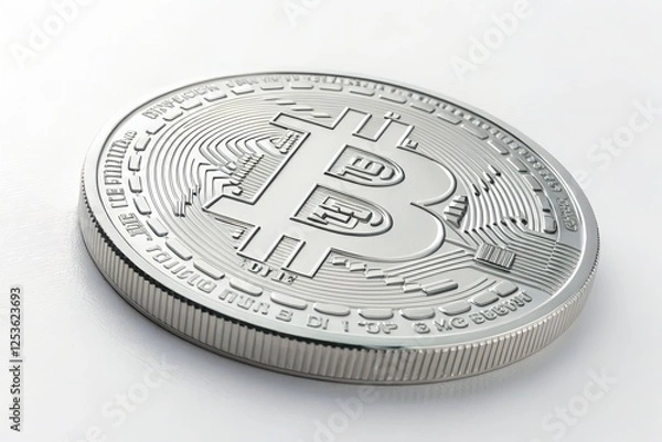 Fototapeta Close-Up of Detailed Bitcoin Coins in Shimmering  Platinum Finishes on a White Background, Ideal for Representing Cryptocurrency Themes, Digital Investment, and Modern Finance Concepts 