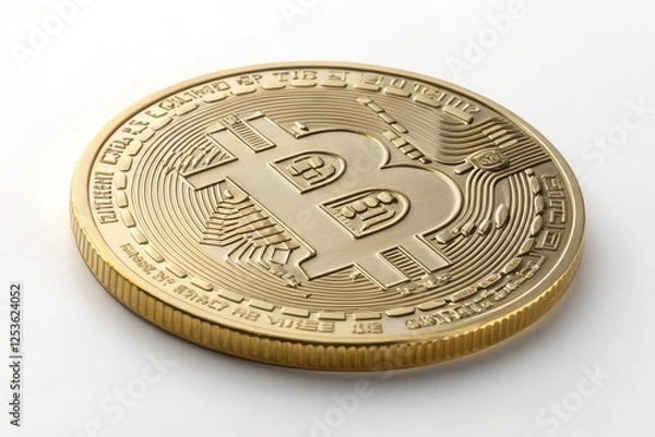 Fototapeta Close-Up of a Detailed Bitcoin Coin in Shimmering Gold Finish on a White Background, Ideal for Representing Cryptocurrency Themes, Digital Investment, and Modern Finance Concepts 