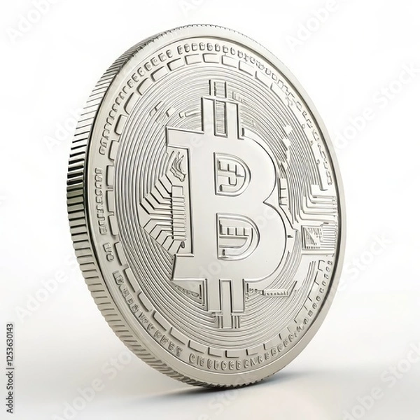 Fototapeta Close-Up of Detailed Bitcoin Coins in Shimmering  Platinum Finishes on a White Background, Ideal for Representing Cryptocurrency Themes, Digital Investment, and Modern Finance Concepts 