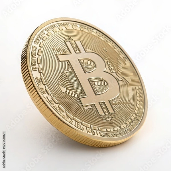 Fototapeta Close-Up of a Detailed Bitcoin Coin in Shimmering Gold Finish on a White Background, Ideal for Representing Cryptocurrency Themes, Digital Investment, and Modern Finance Concepts 
