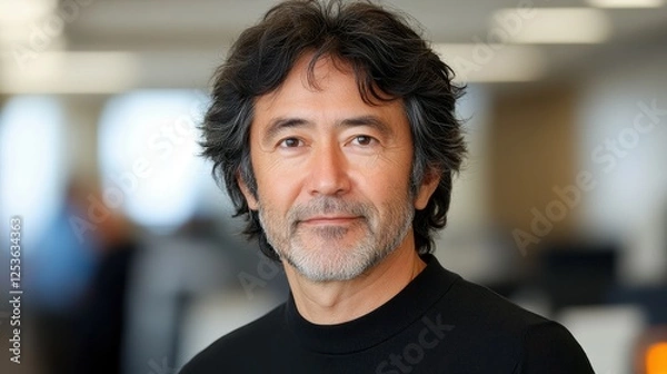 Fototapeta A man with a beard and gray hair is smiling at the camera. He is wearing a black shirt and a black tie
