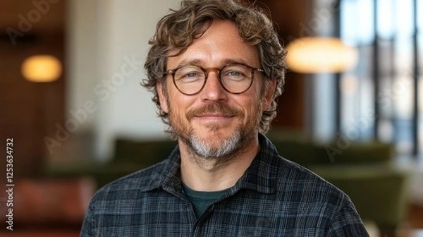 Fototapeta A man with glasses and a beard is smiling for the camera. He is wearing a plaid shirt and a green sweater