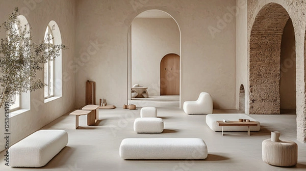 Fototapeta A minimalist living room featuring a simple and tidy layout with compact furniture in white and beige tones. Natural light fills the space, creating an airy, tranquil atmosphere enhanced by high-quali