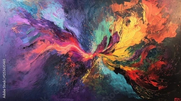 Obraz A swirling, colorful abstract scene where gradients of intense hues blend together, creating a visual explosion of energy. The composition moves with a sense of fluidity and dynamic motion.