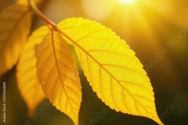 Fototapeta Warm sunlight filtering through yellow leaf gold texture, shiny, diffuse, leaf