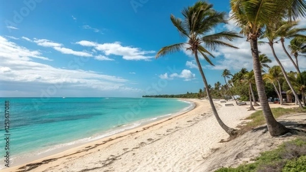 Obraz Warm sandy beach scene with palm trees and turquoise ocean, relaxation, sandy shore, beach vacation, tropical beach, turquoise water