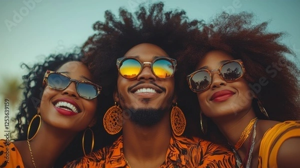 Fototapeta Three people with curly hair and sunglasses are smiling for the camera. The man is wearing a shirt with a tree pattern and the women are wearing earrings. Scene is happy and fun