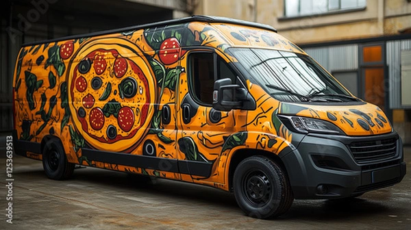 Fototapeta Vibrant Pizza Design Delivery Van with Playful Graphics in Studio Setting