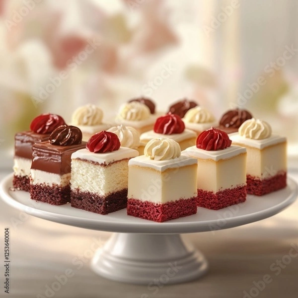 Fototapeta Assorted mini cheesecake and red velvet desserts on cake stand.