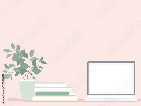Fototapeta Cozy workspace with laptop and books on soft pink background