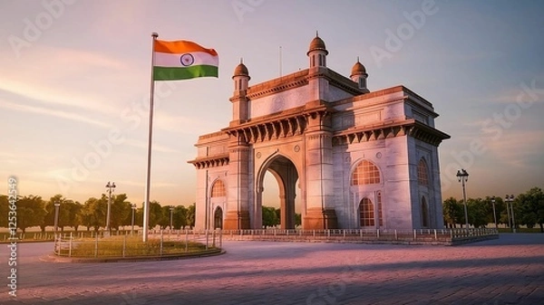 Fototapeta a grand, ornate archway bathed in the warm hues of either sunrise or sunset. Atop the arch, an Indian flag flutters gracefully, its vibrant saffron, white, and green colors standing out