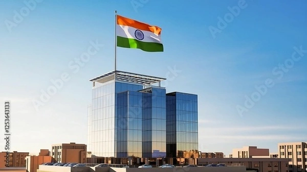 Fototapeta modern building with a reflective glass facade, topped by a flagpole flying the Indian national flag. The clear blue sky suggests it is daytime. The contemporary architecture of the building hints