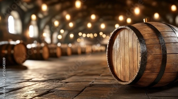 Obraz A barrel of wine is sitting on the floor in a dimly lit room