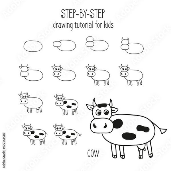 Fototapeta Cow Step by step drawing tutorial for kids