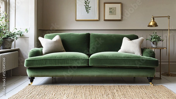Fototapeta A contemporary living room featuring a stylish green sofa paired with elegant brass accents and a cozy jute rug, creating a serene and calming atmosphere. 