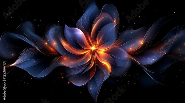 Fototapeta Abstract fiery blue flower glowing in darkness