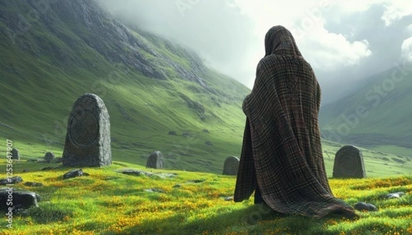 Obraz A hooded figure stands in a field among ancient stones