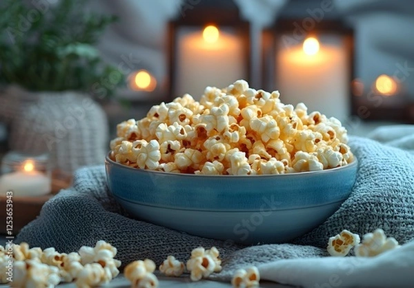 Fototapeta Close up popcorn in bowl with candle lantern background
