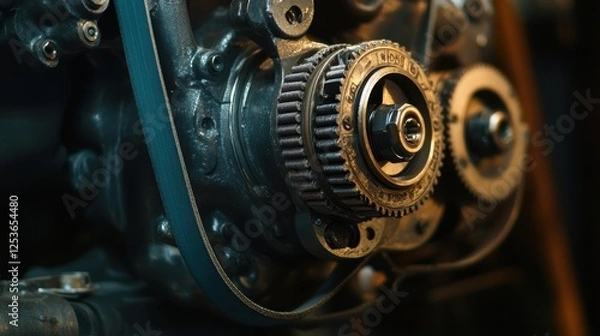 Obraz Diesel engine timing belt, close-up of intricate pulley and belt system, capturing industrial craftsmanship.
